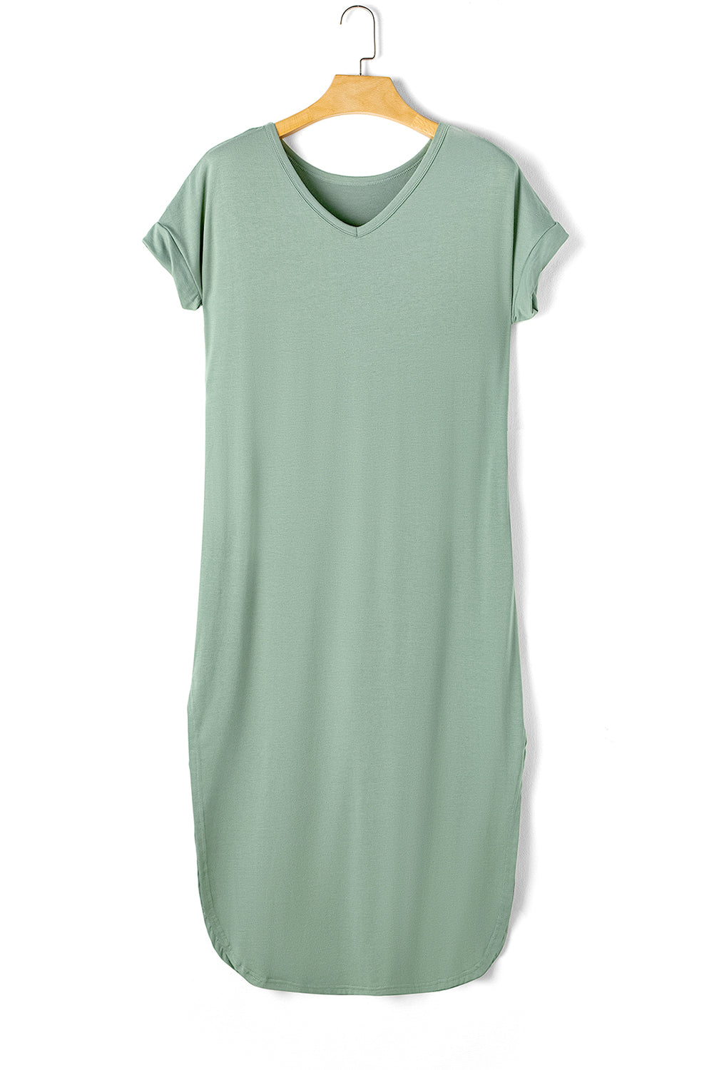 Grasgroene maxi-T-shirtjurk met V-hals en verborgen zaksplitten