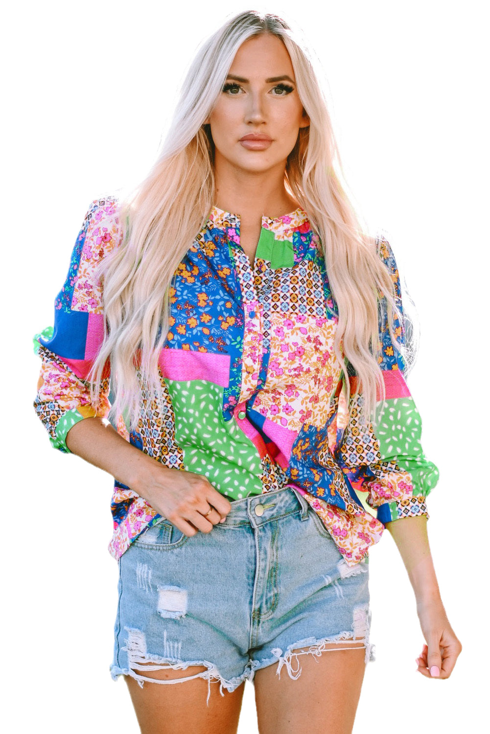 Overhemd met veelkleurige bloemen en patchwork-print en pofmouwen met knopen
