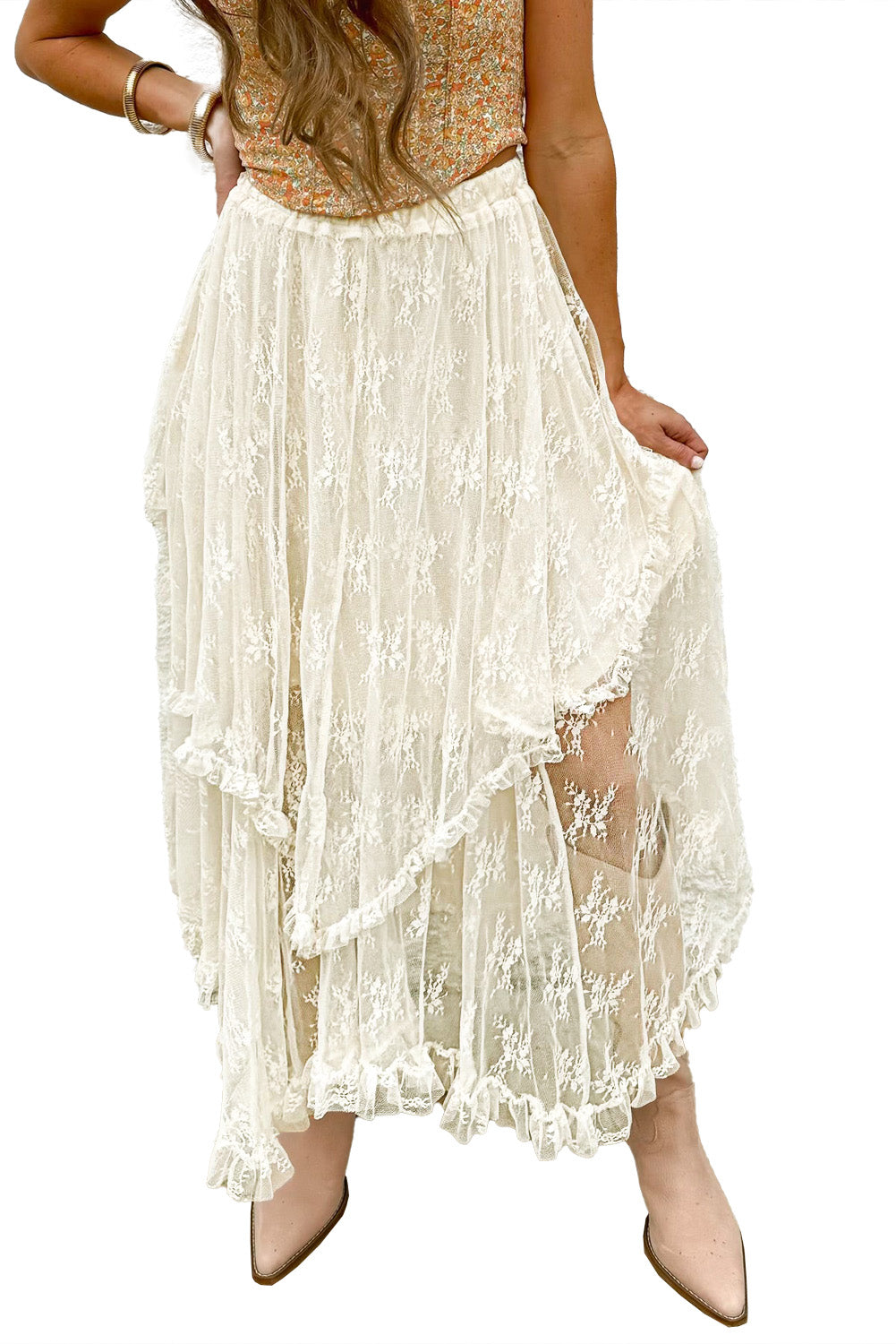 Beige Lace Cascading Tiered High Taille Maxi Rok