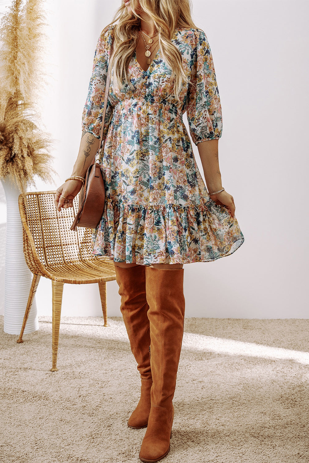 Sky Blue Floral 3/4 Sleeve V Neck High Taille Ruffled Dress