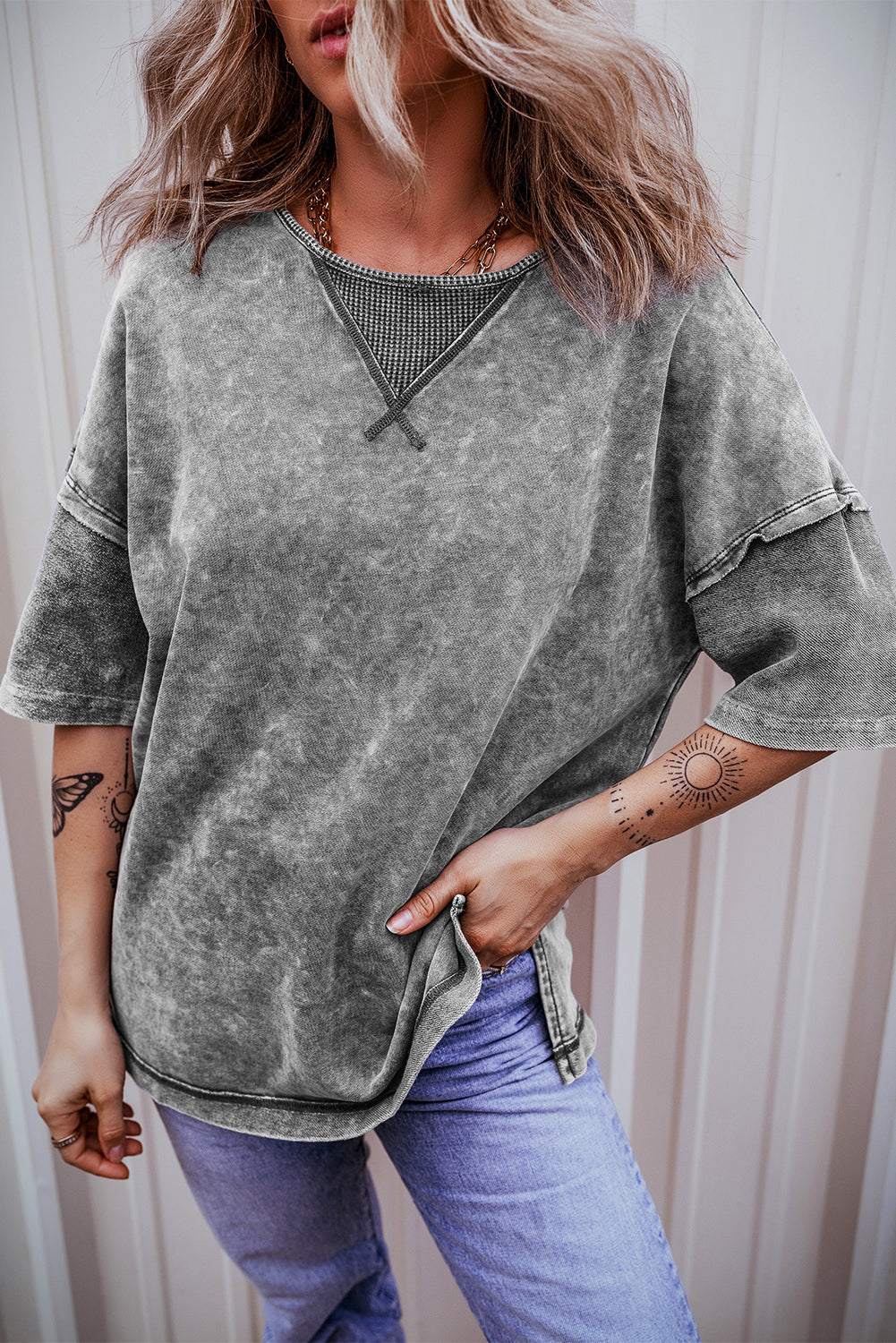 Filippijns grijs mineraal gewassen oversized T-shirt met zichtbare naad en verlaagde schouder