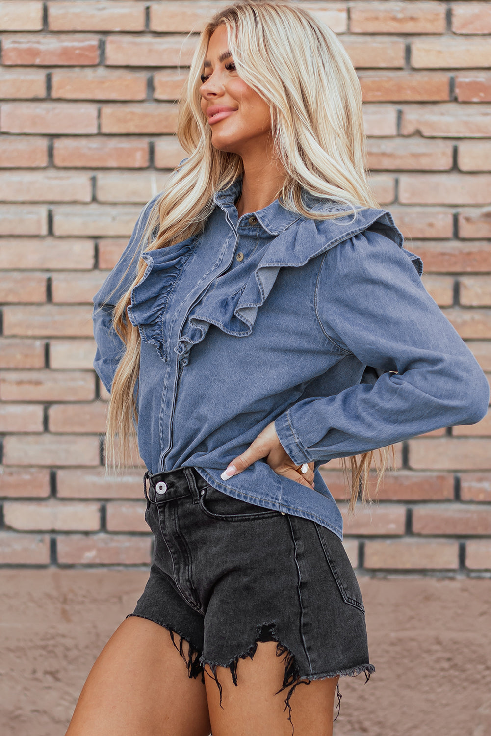 Dusk Blue Denim gegolfde casual top