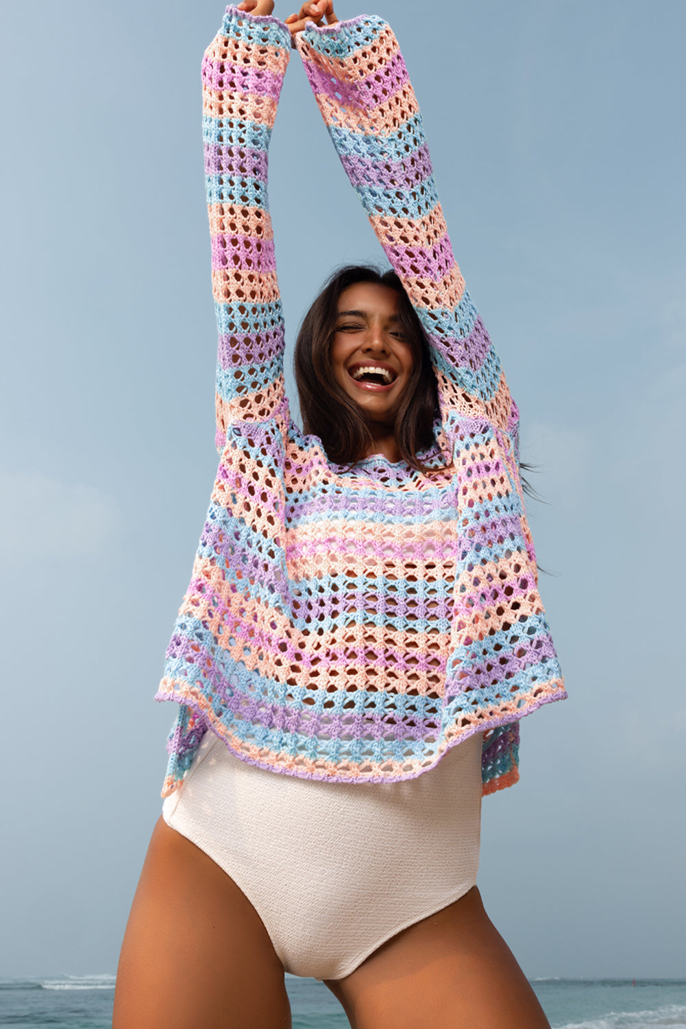 Purple Multi Stripe Open Gebreide trui Beach Cover Up