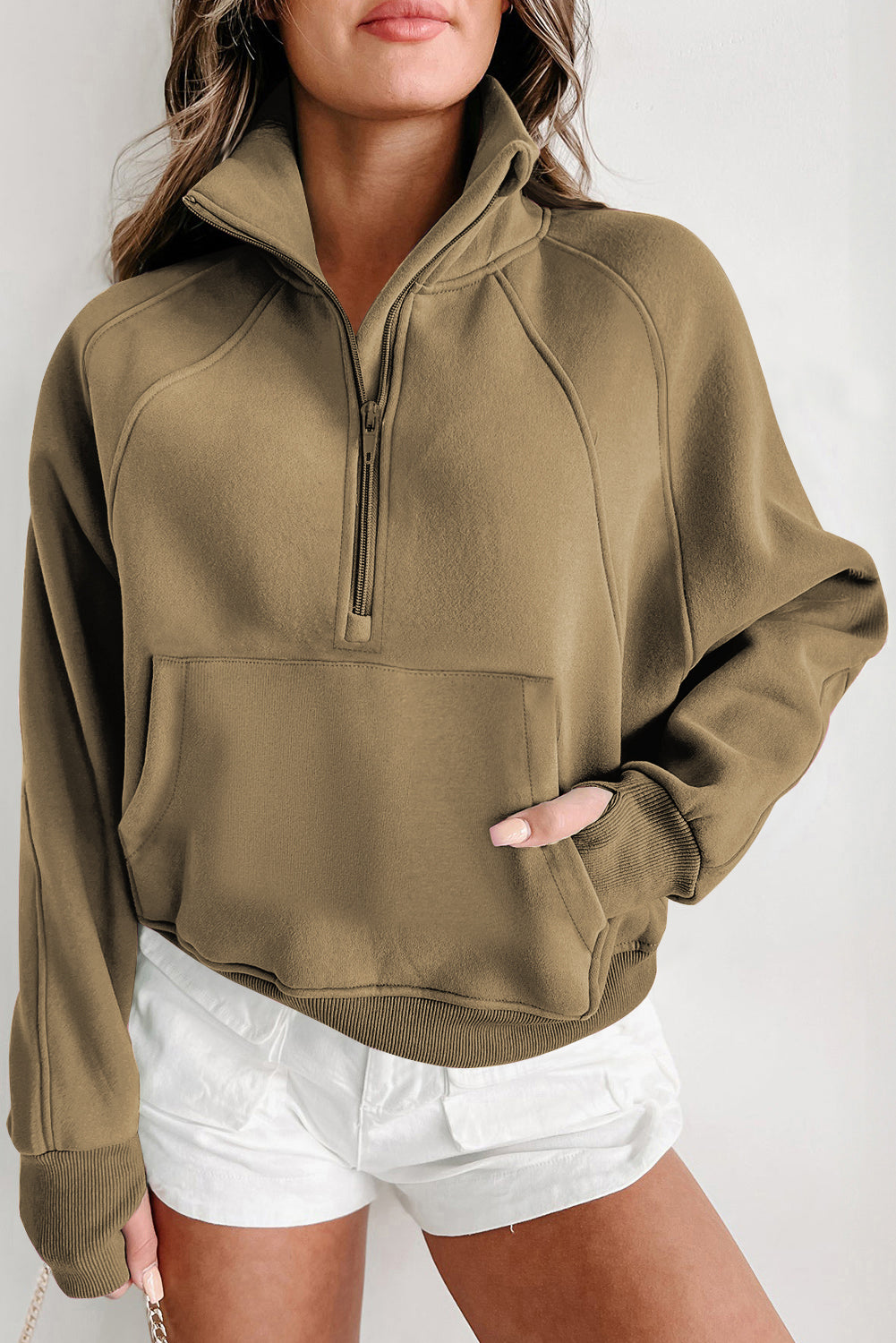 Smoke Green Fleece Lined Zip Up Stand Collar Thumbhole Sleeve Sweatshirt