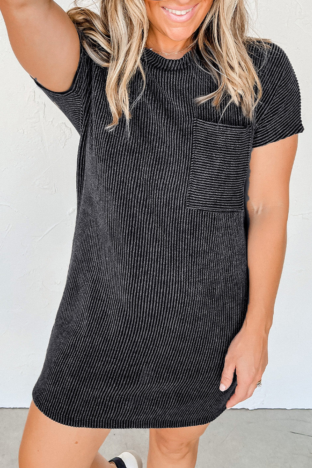 Grijs gestreepte geribbelde gebreide T-shirt-shiftjurk