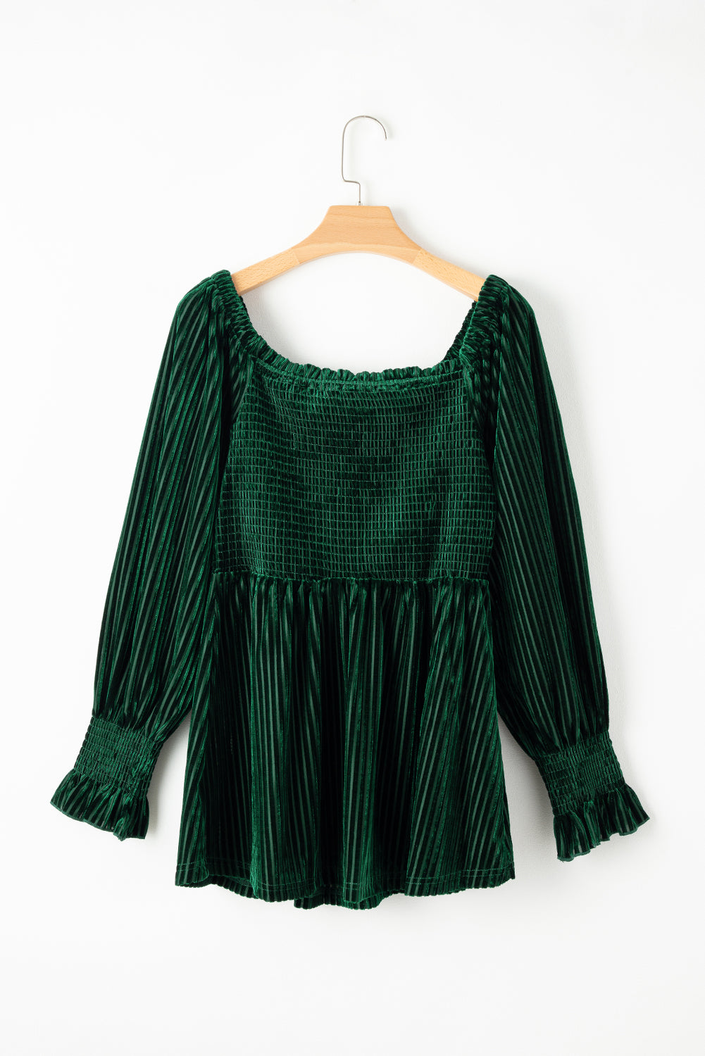 Zwartachtig groene gesmokte geribbelde fluwelen babydoll-top