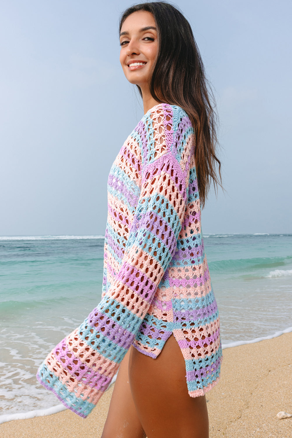 Purple Multi Stripe Open Gebreide trui Beach Cover Up