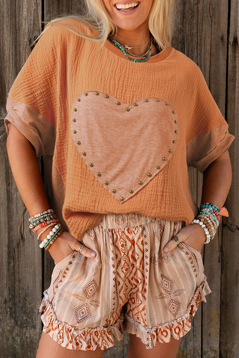 Desert Gold Stud Heart Patch getextureerde front Dolman top