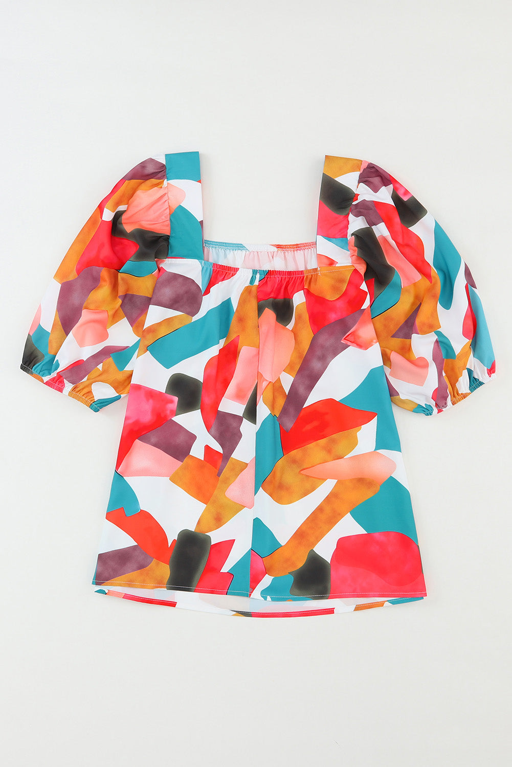 Veelkleurige blouse met vierkante hals en abstracte print en korte mouwen