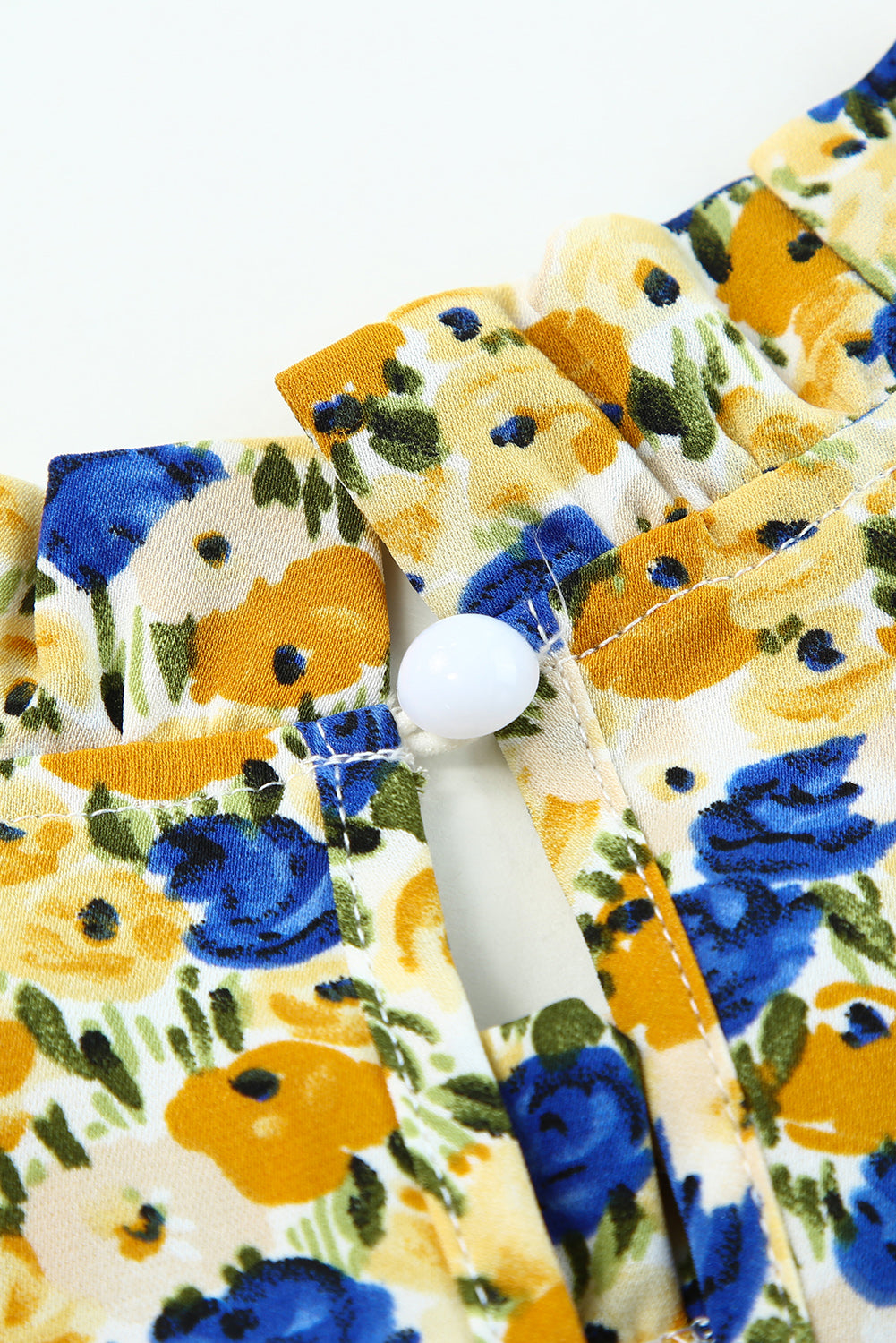 Gele Boho bloemen ruches korte mouw franje mock hals blouse