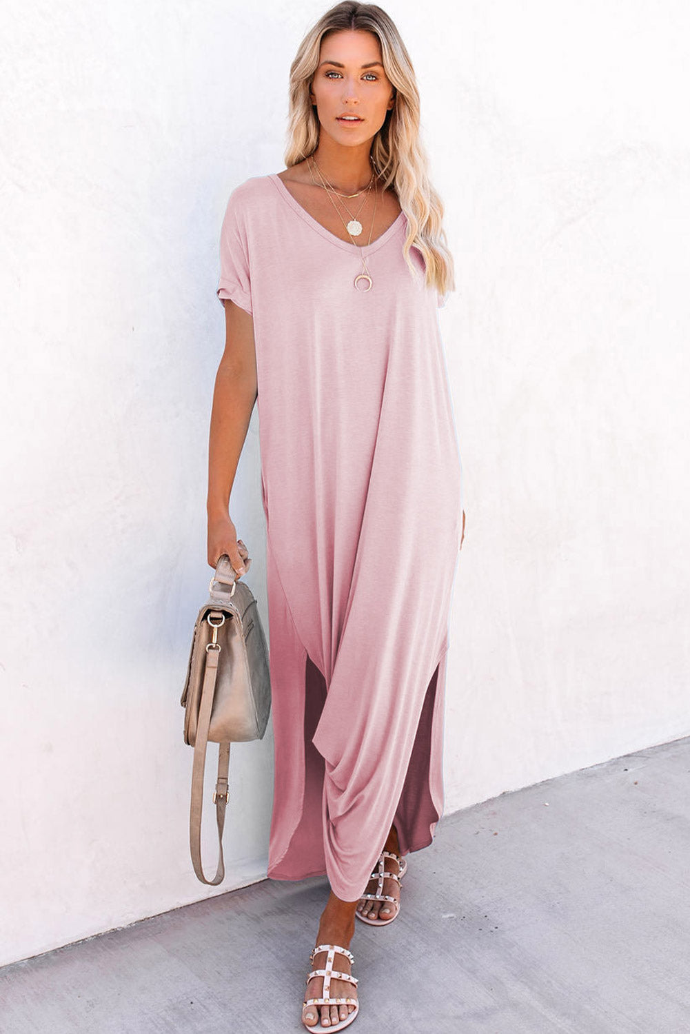 Roze maxi-T-shirtjurk met V-hals en verborgen zaksplitten