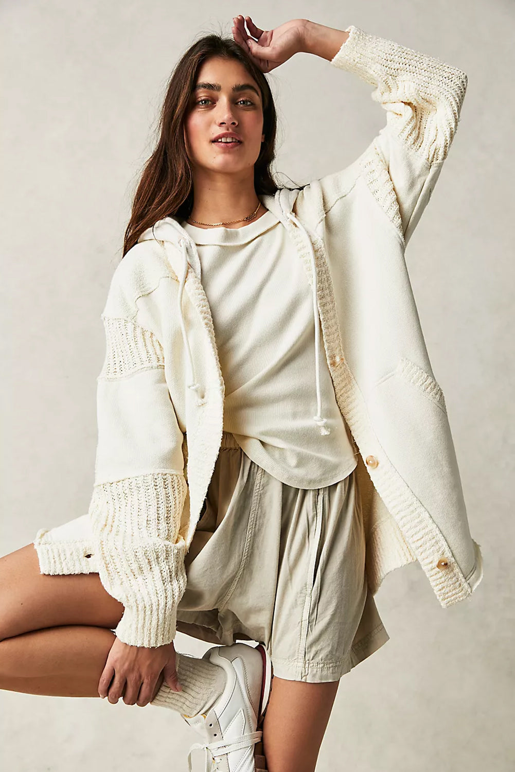 Beige Contrast Knit Patchwork Functionele Jas met Capuchon