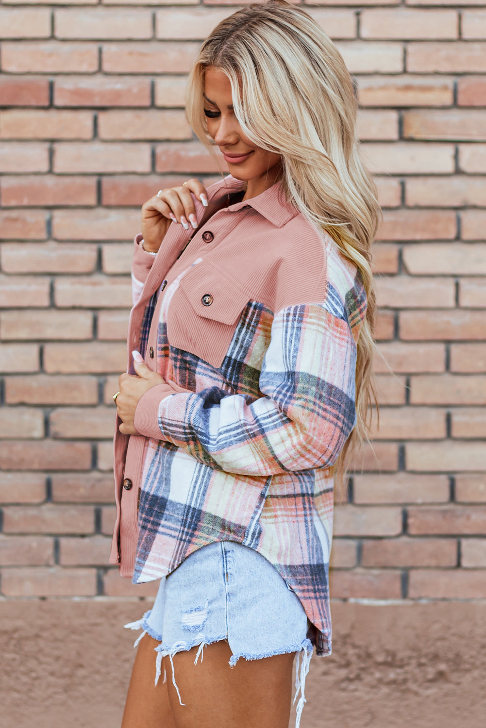 Lichtroze geruite corduroy patchwork borstzak-shacket