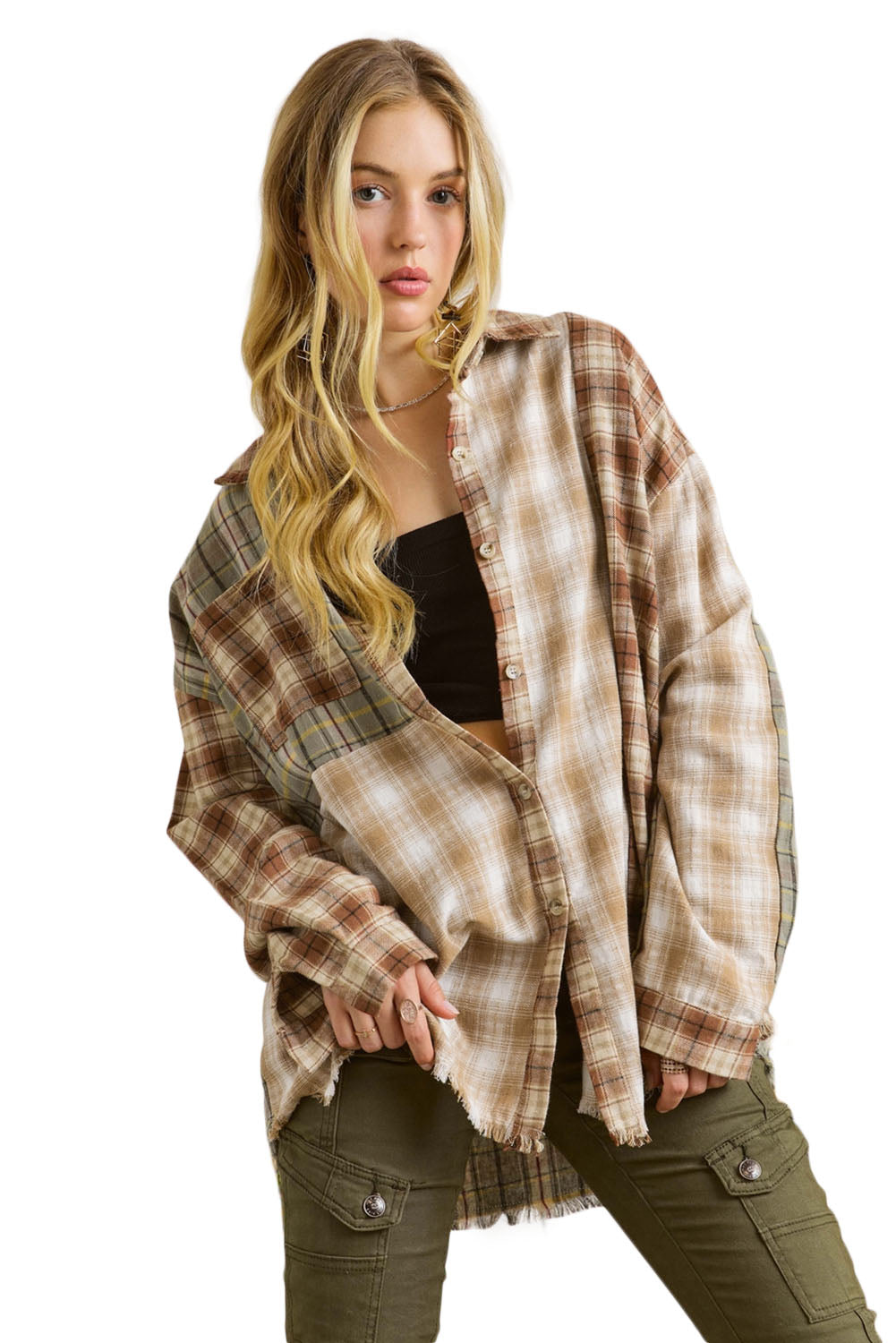 Bruin multi-geruit casual overhemd met ruwe rand en patchwork