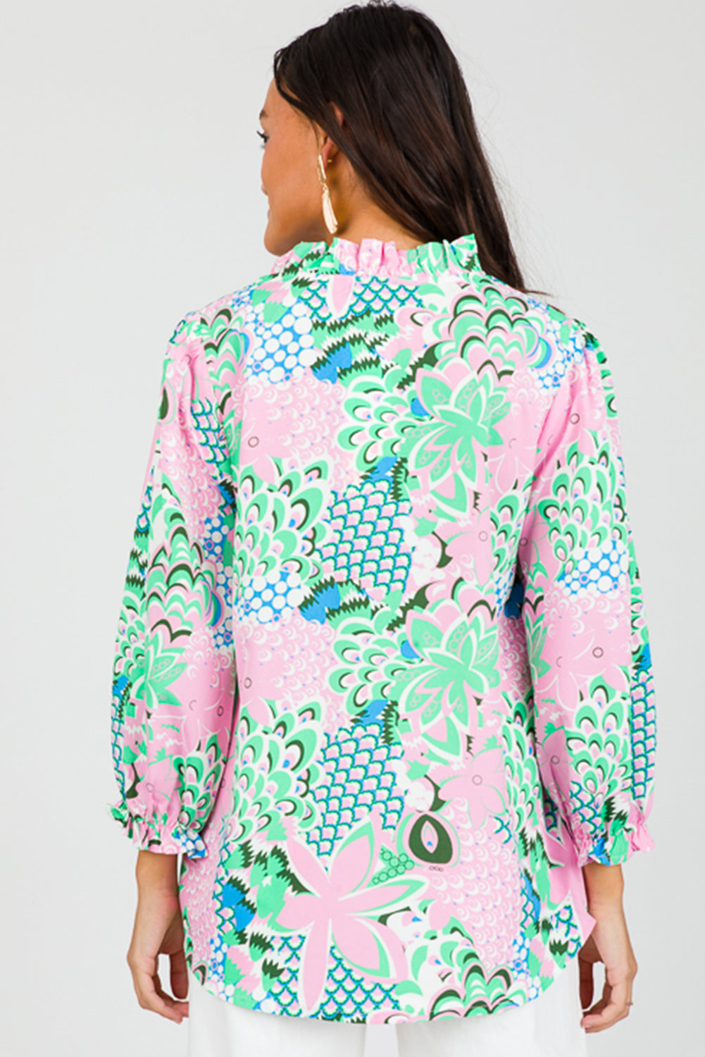 Groene bloemenprint v Nek vastgebonden losse blouse