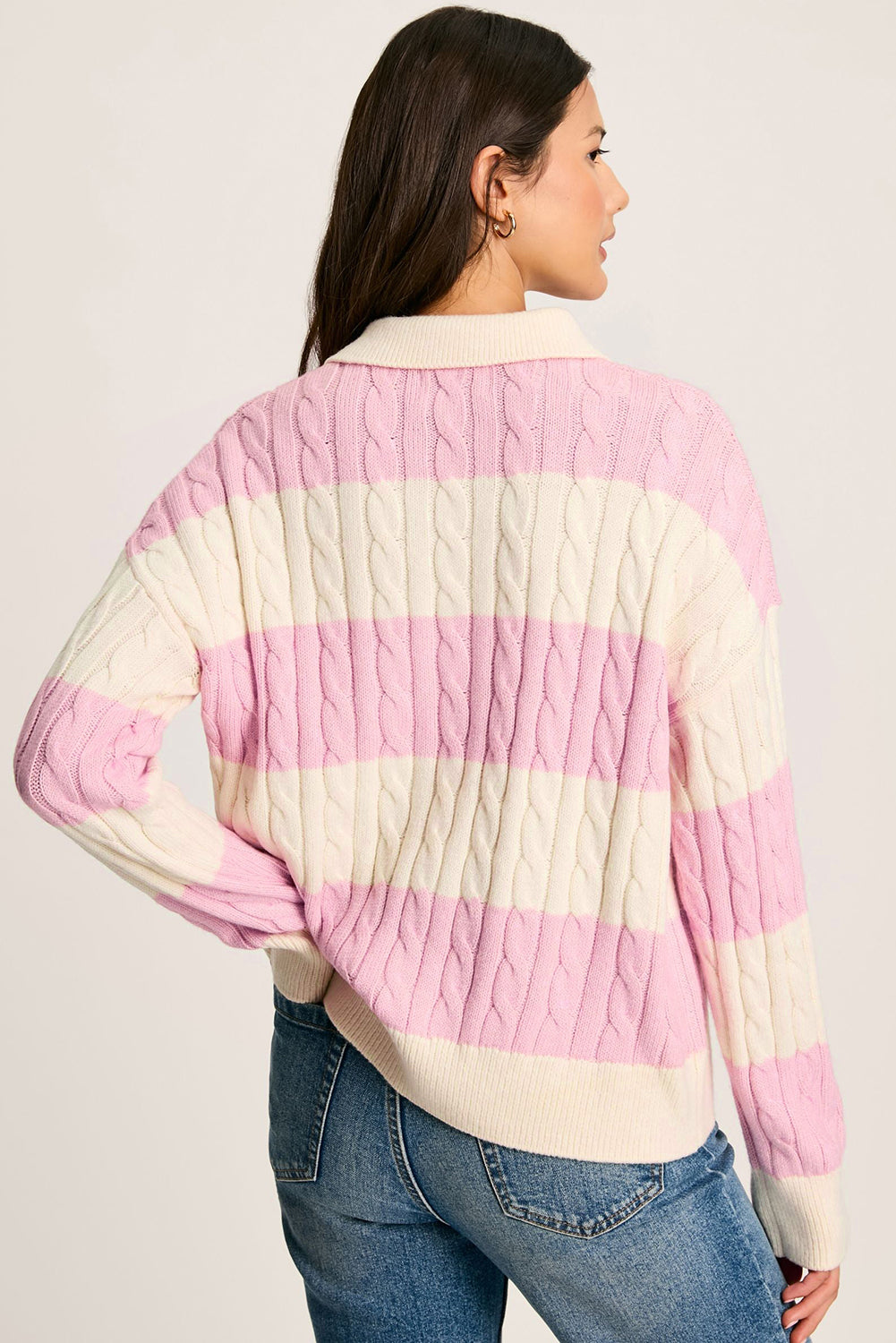 Roze streepkabel gebreide collared henley trui