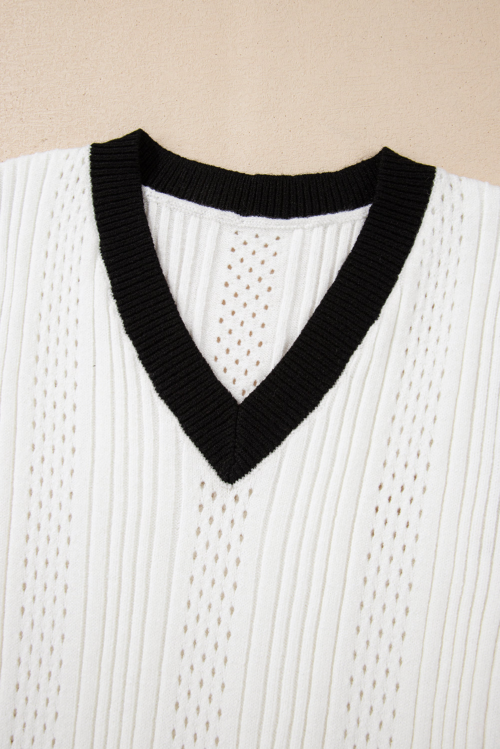 Wit contrast trim eyelet gebreide kleurblok v nek trui vest