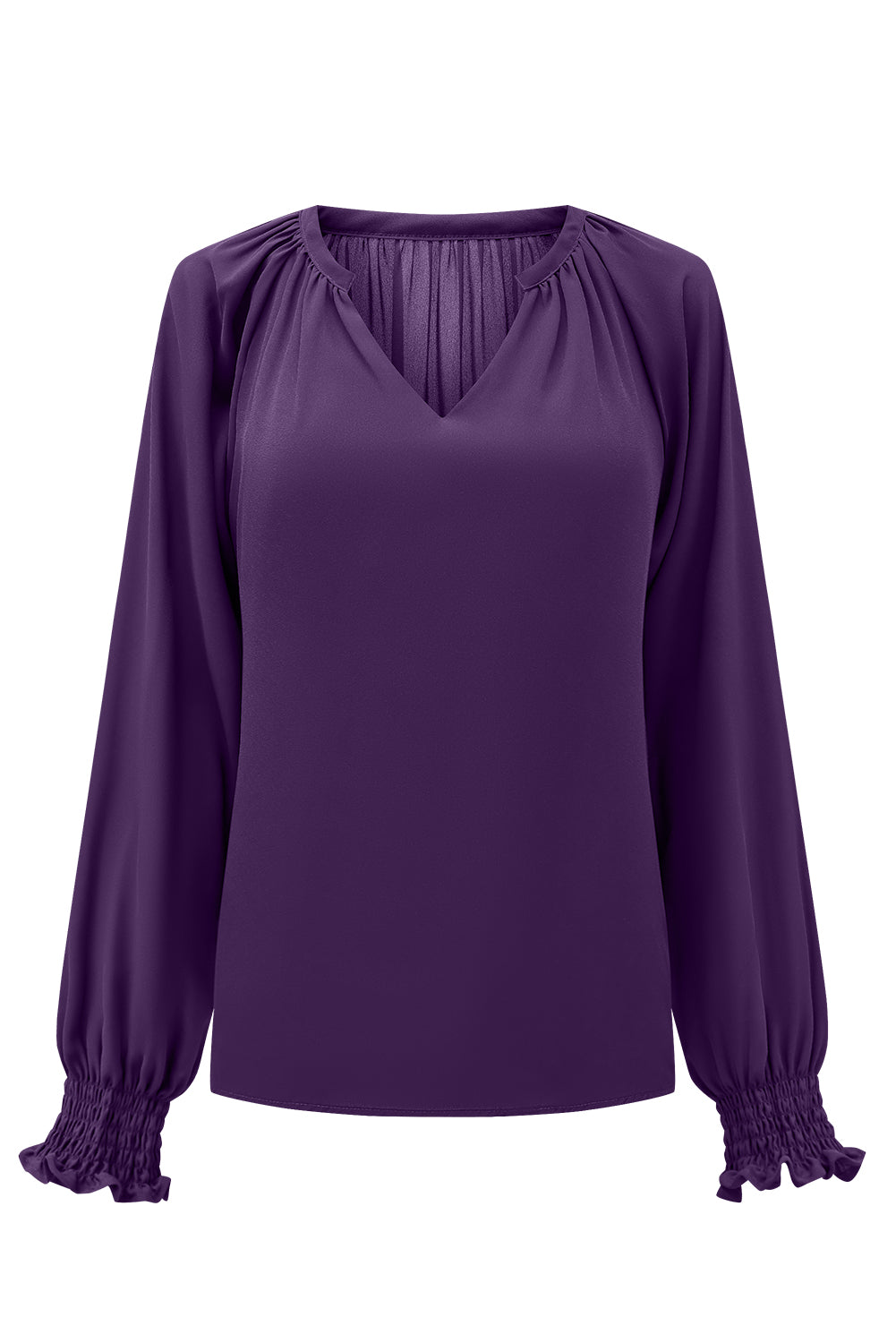 Paarse geplooide blouse met V-hals en gezwollen mouwen