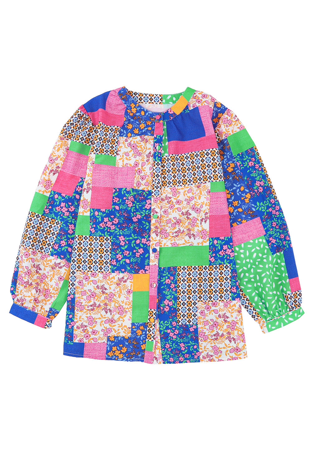 Overhemd met veelkleurige bloemen en patchwork-print en pofmouwen met knopen