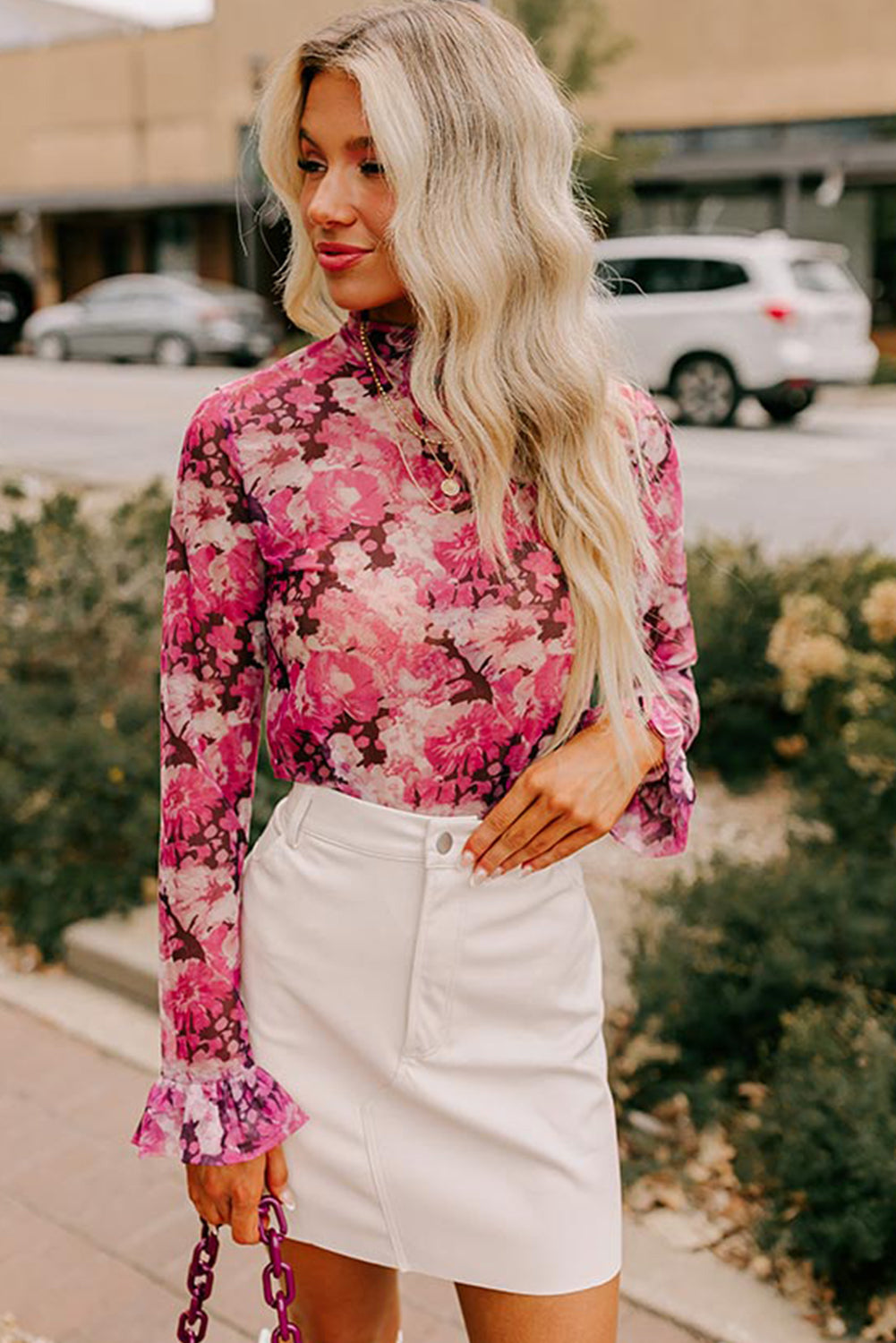 Rozen bloemen mesh founce mouw mock nek blouse