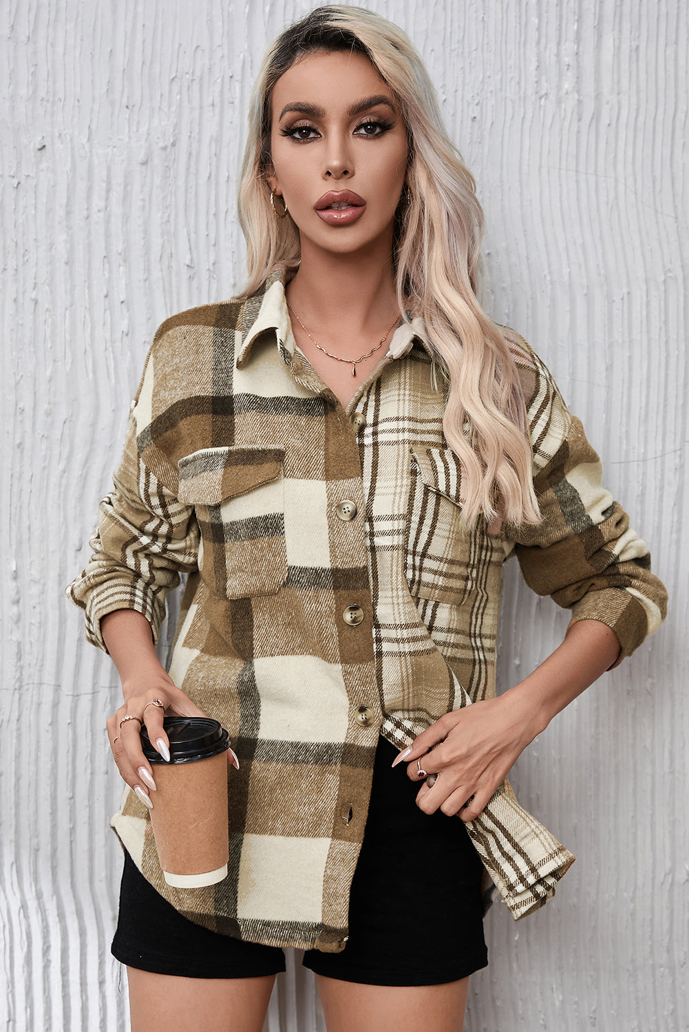 Perkament contrasterende geruite patchwork klepzak-shacket