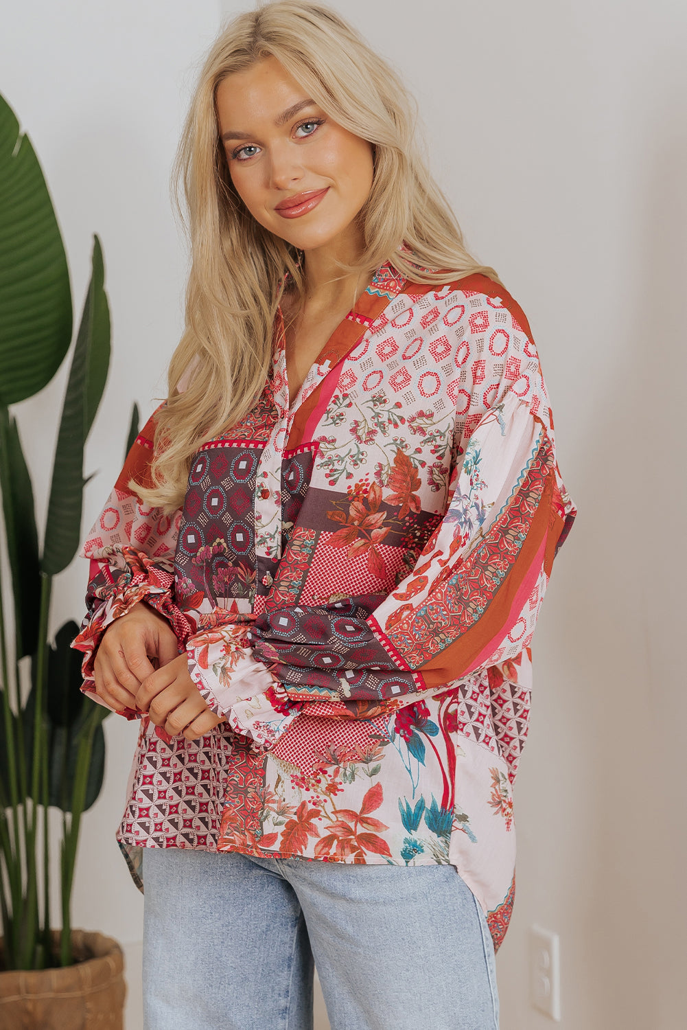 Rood Boho Geometrische gemengde print Patchwork Bubble Sleeve Shirt