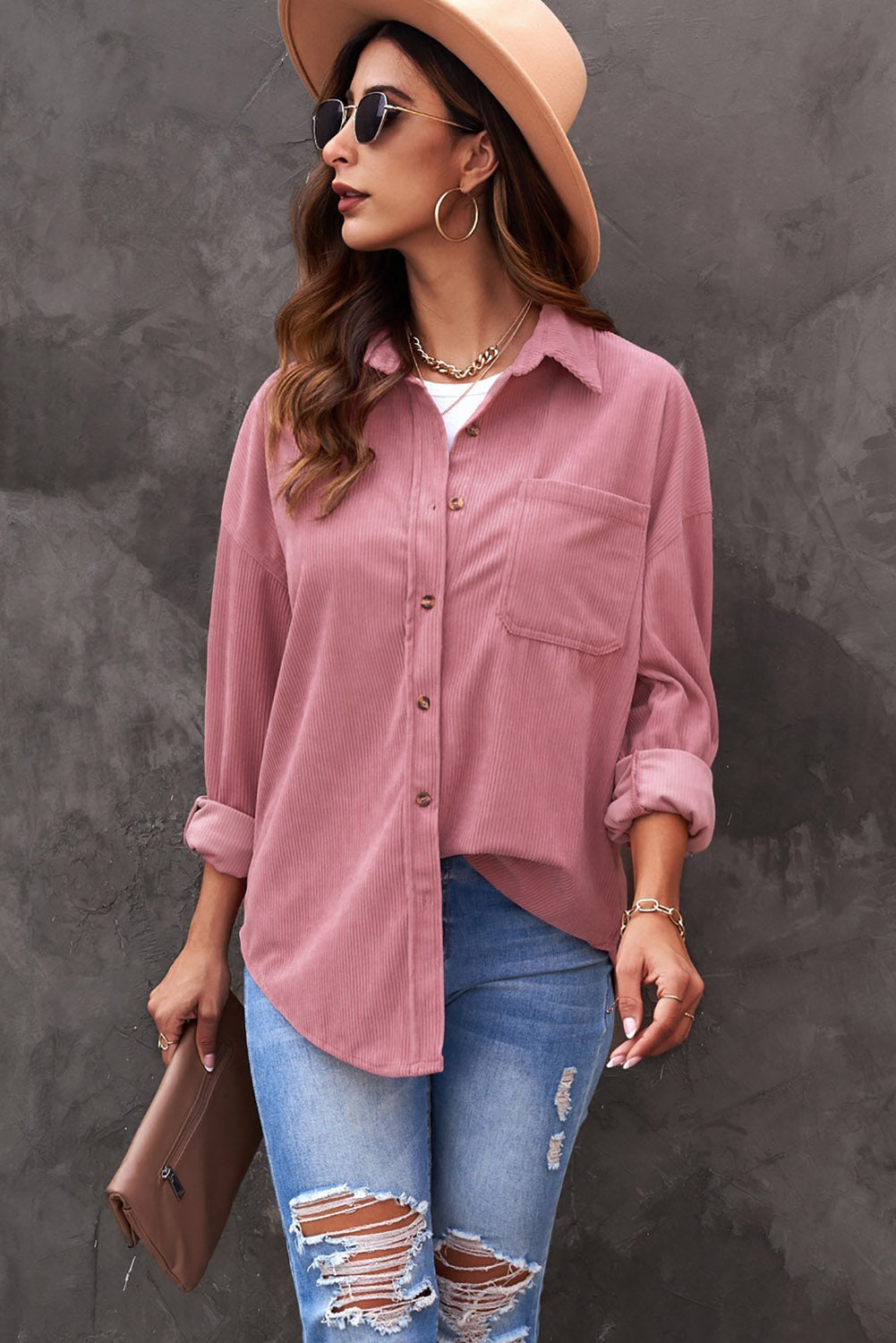 Roze corduroy overhemd met knoopzak