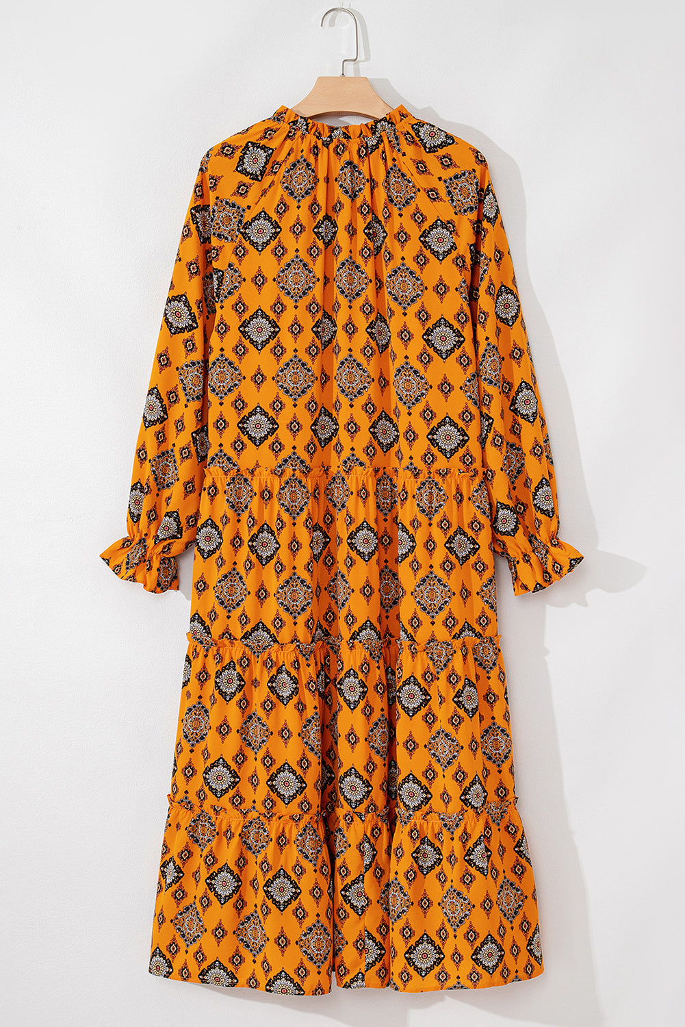 Oranje westerse geometrische print gelaagde frisdress los fit midi -jurk