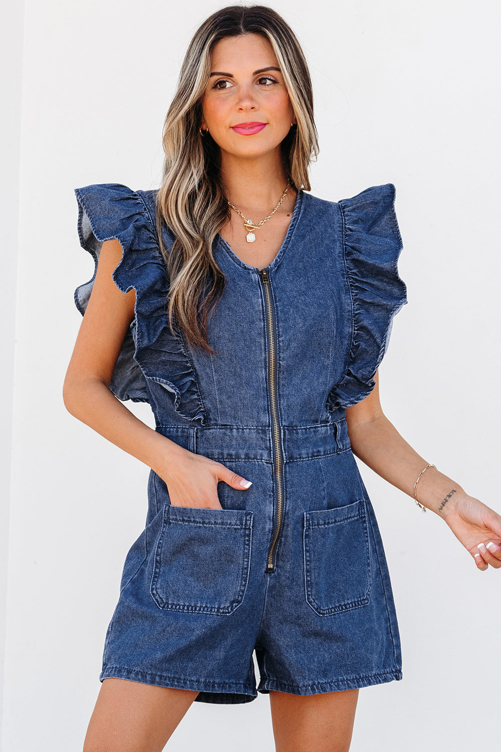 Zeil blauw denim gegolfd rits