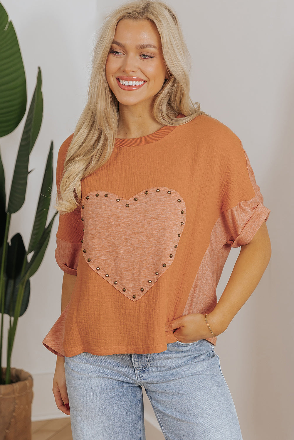 Desert Gold Stud Heart Patch getextureerde front Dolman top