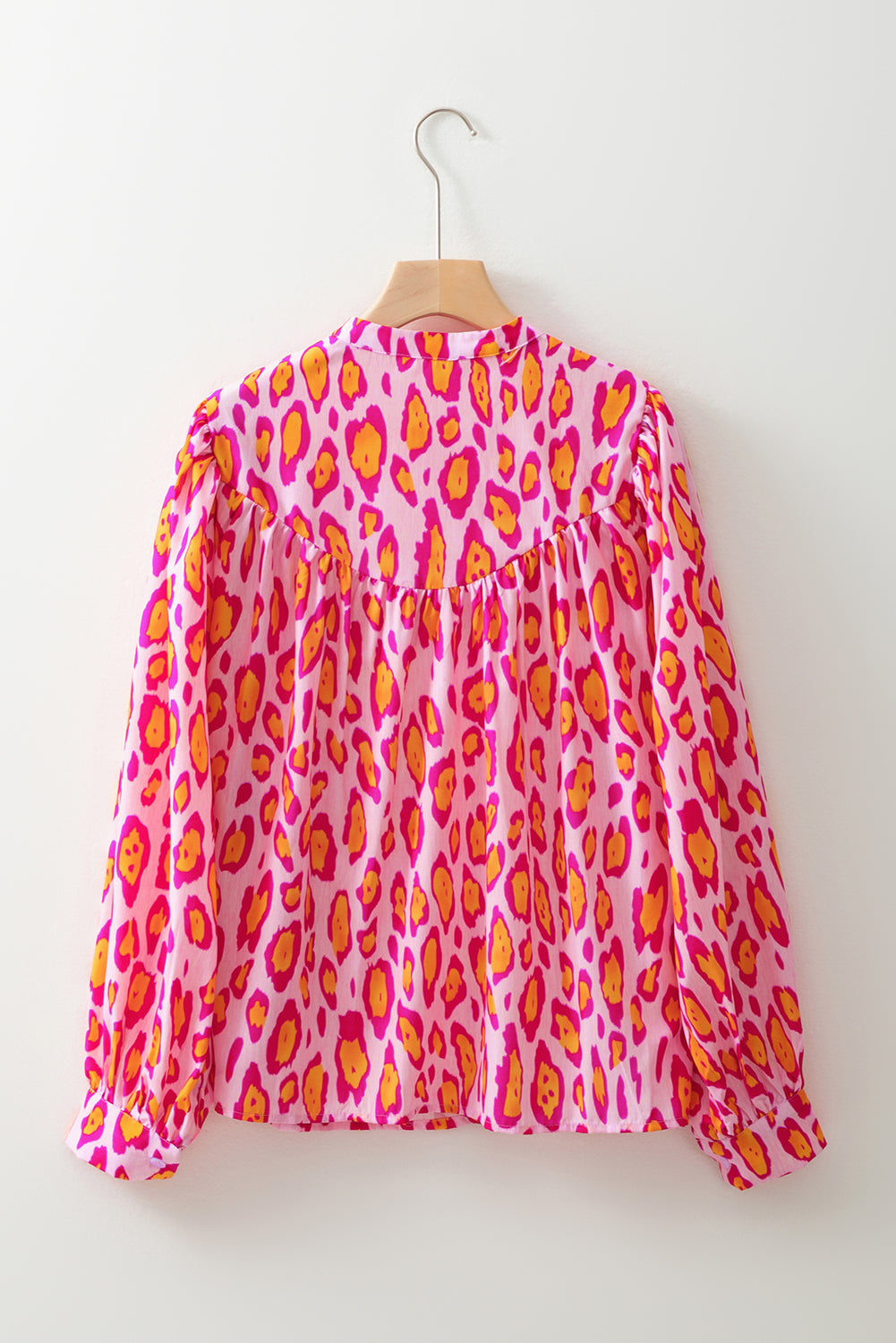 Rose Red Oversized Leopard Print Ballon Sleeve Casual Shirt