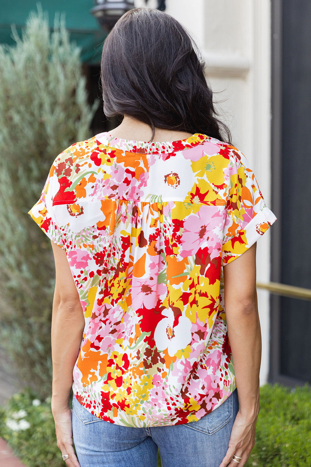 Witte Boho bloemenprint top met V-hals en korte mouwen