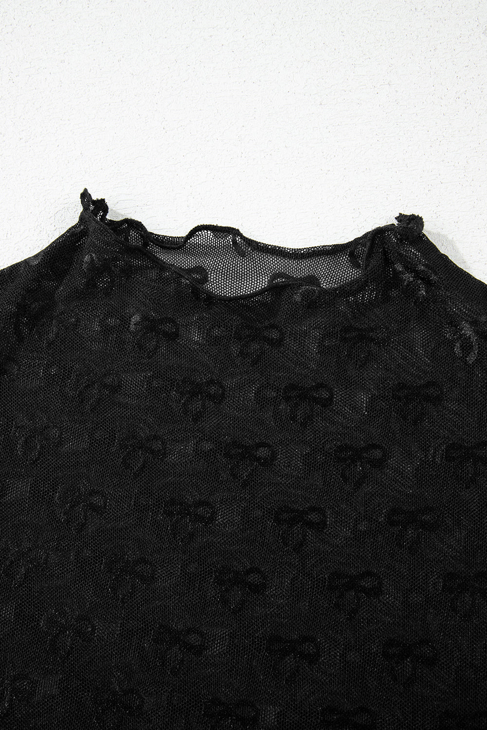 Black Bowknot Sheer Mesh Mock Neck Settuce Trim Short Sleeve Top