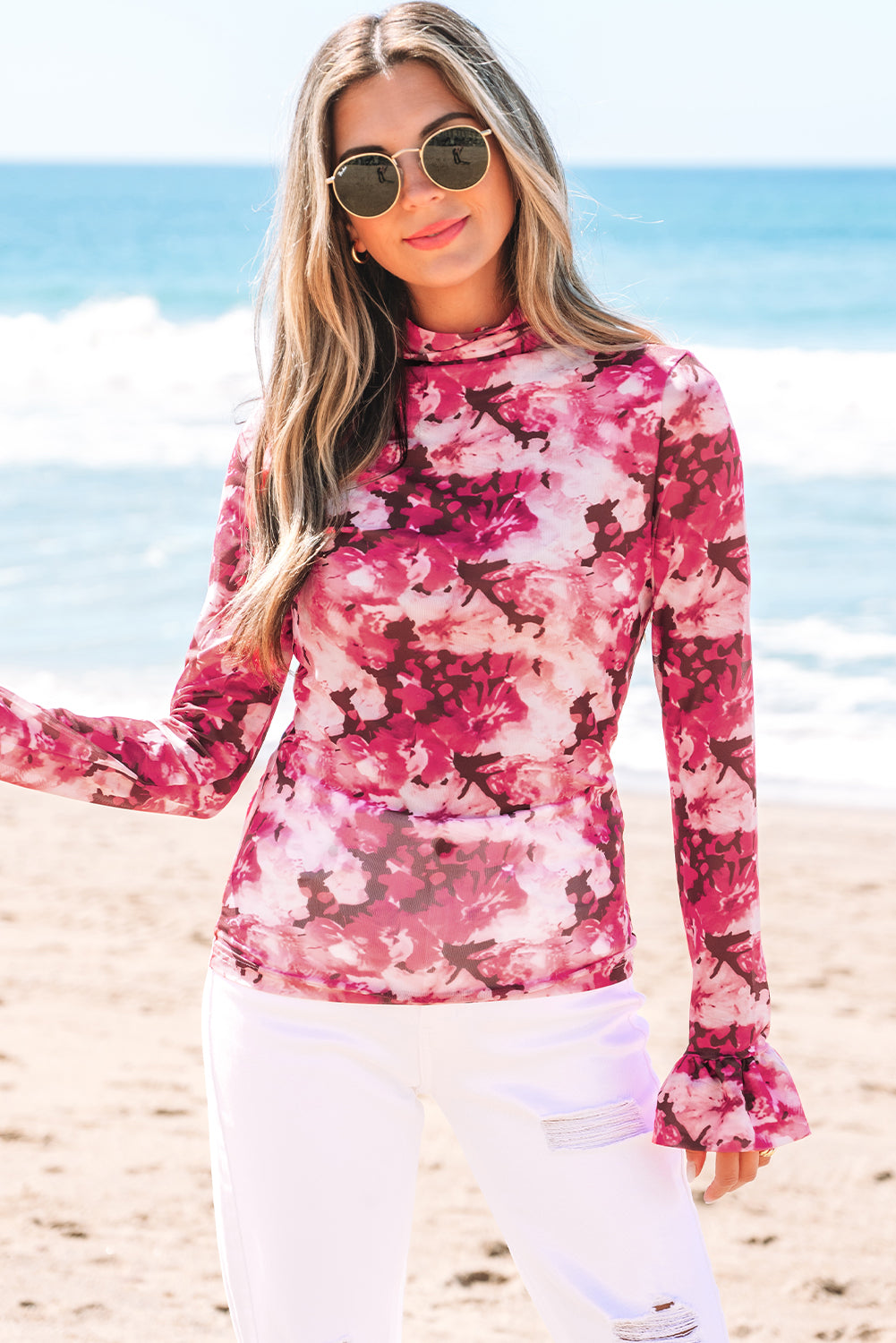 Rozen bloemen mesh founce mouw mock nek blouse
