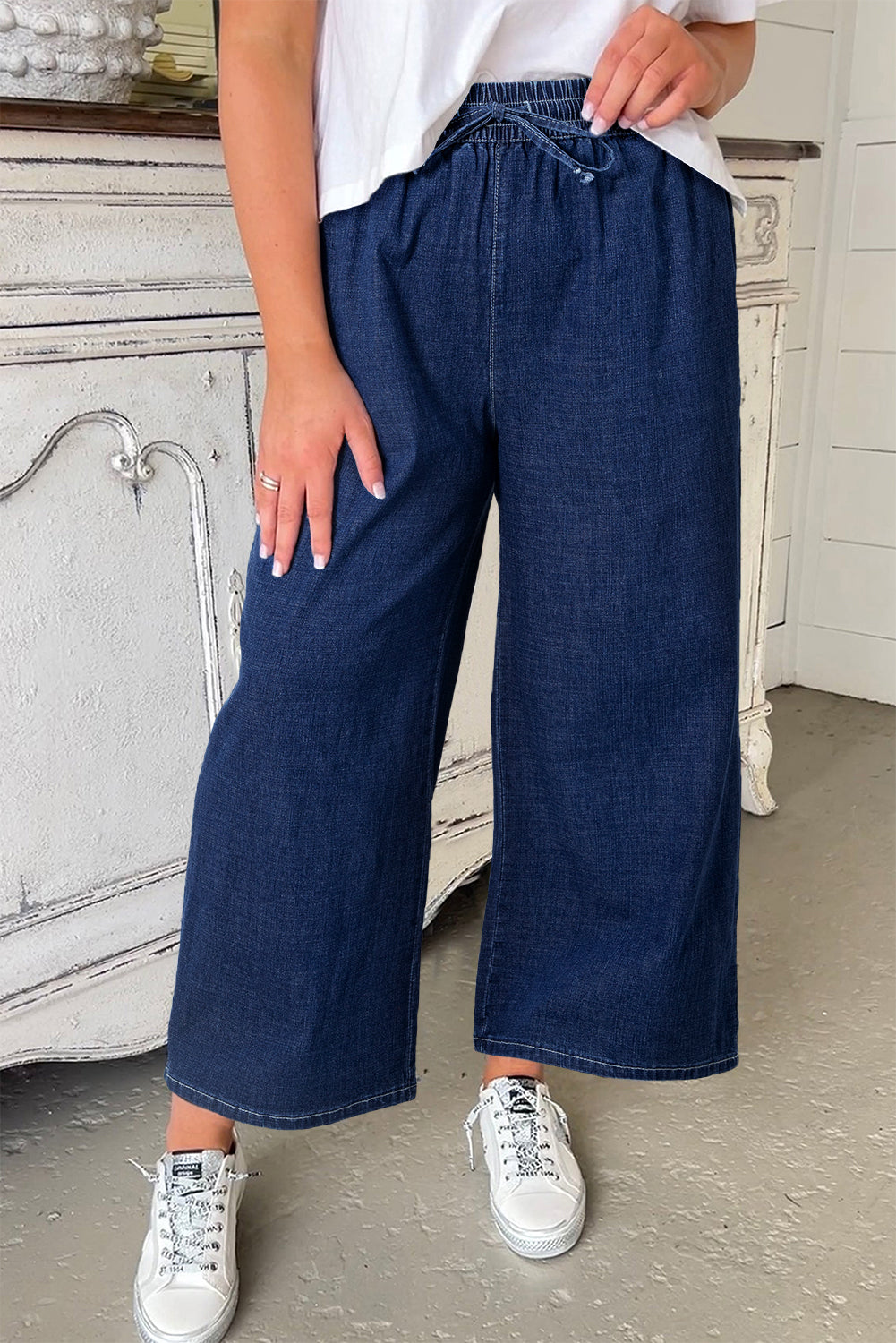 Real Teal Plus Size Drawstring High Taille Wide Leg Casual Jeans