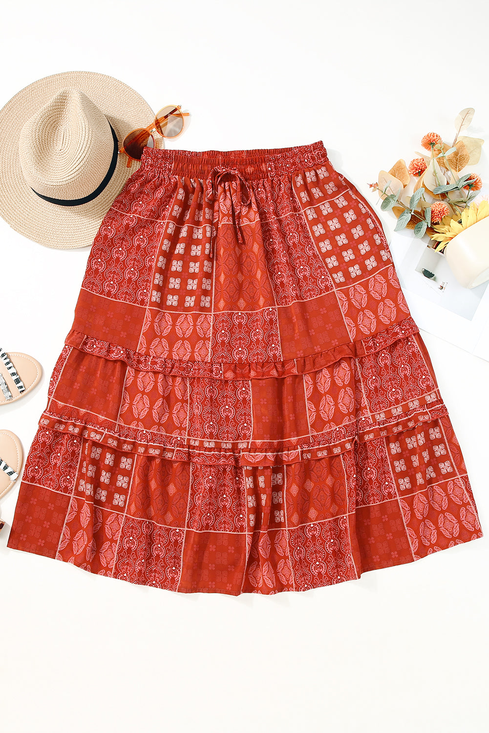 Vurige rode Boheemse mix print lange uitlopende rok