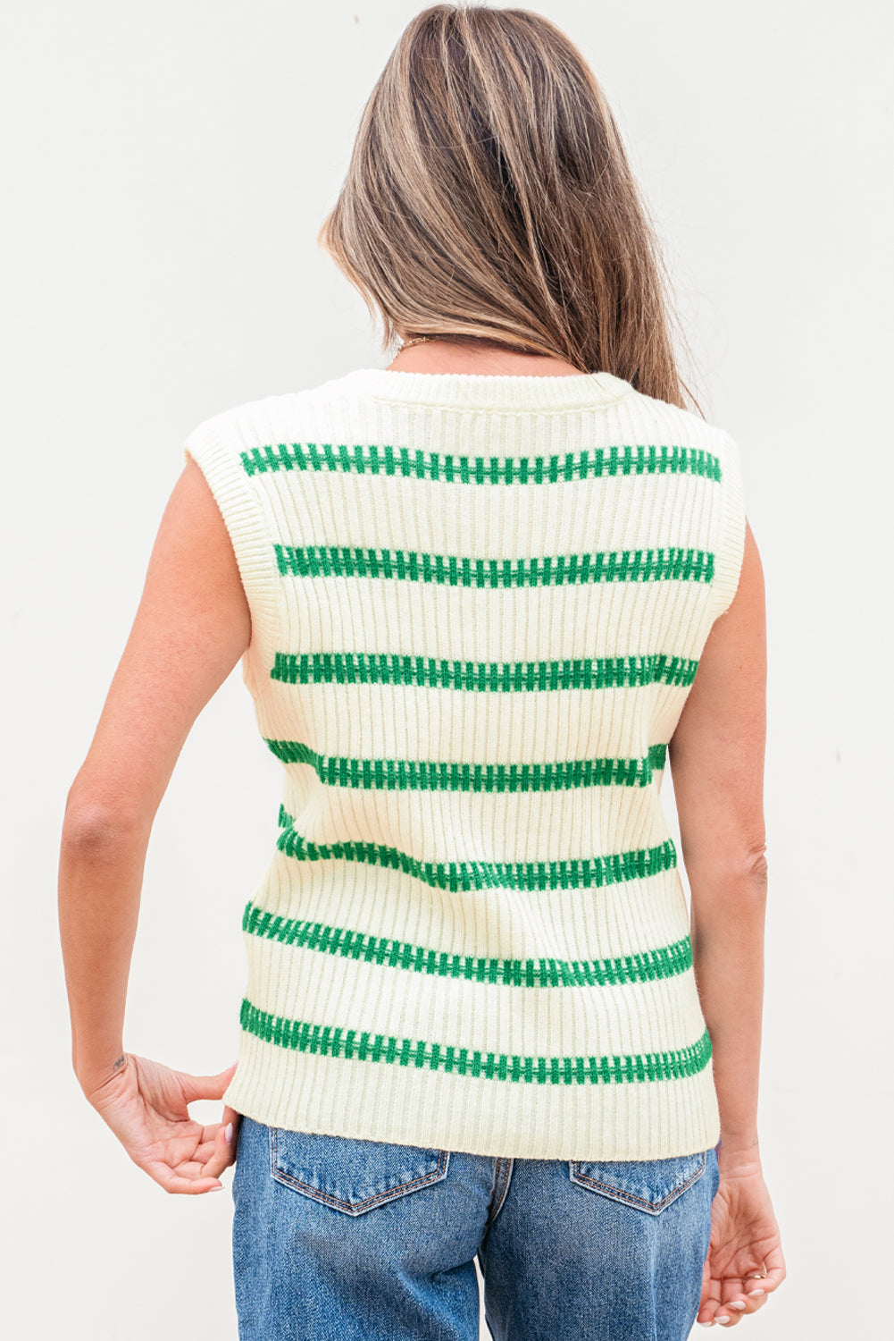Heldergroen gestreepte ronde nek casual trui vest