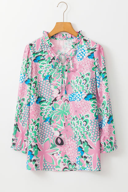 Groene bloemenprint v Nek vastgebonden losse blouse