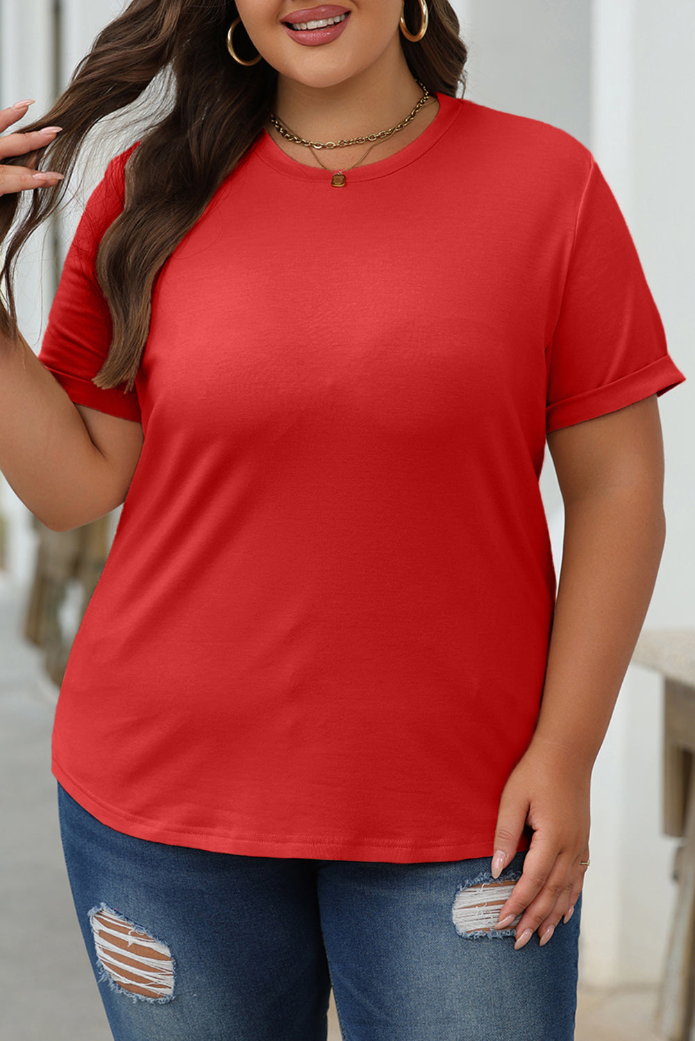 Rood casual effen T-shirt met ronde hals
