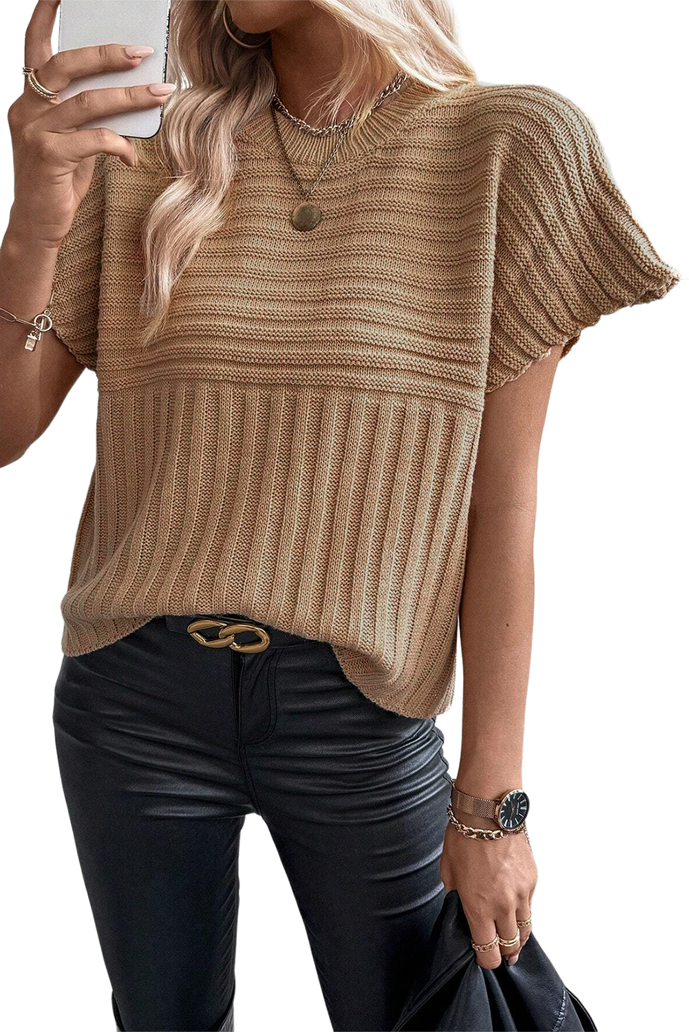 Licht Frans beige ribgebreid trui-T-shirt met wijde mouwen