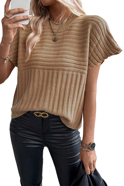 Licht Frans beige ribgebreid trui-T-shirt met wijde mouwen