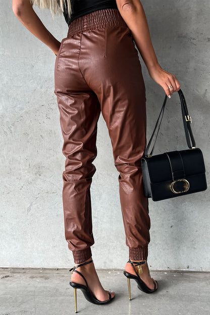 Bruine gesmokte leren skinny broek met hoge taille