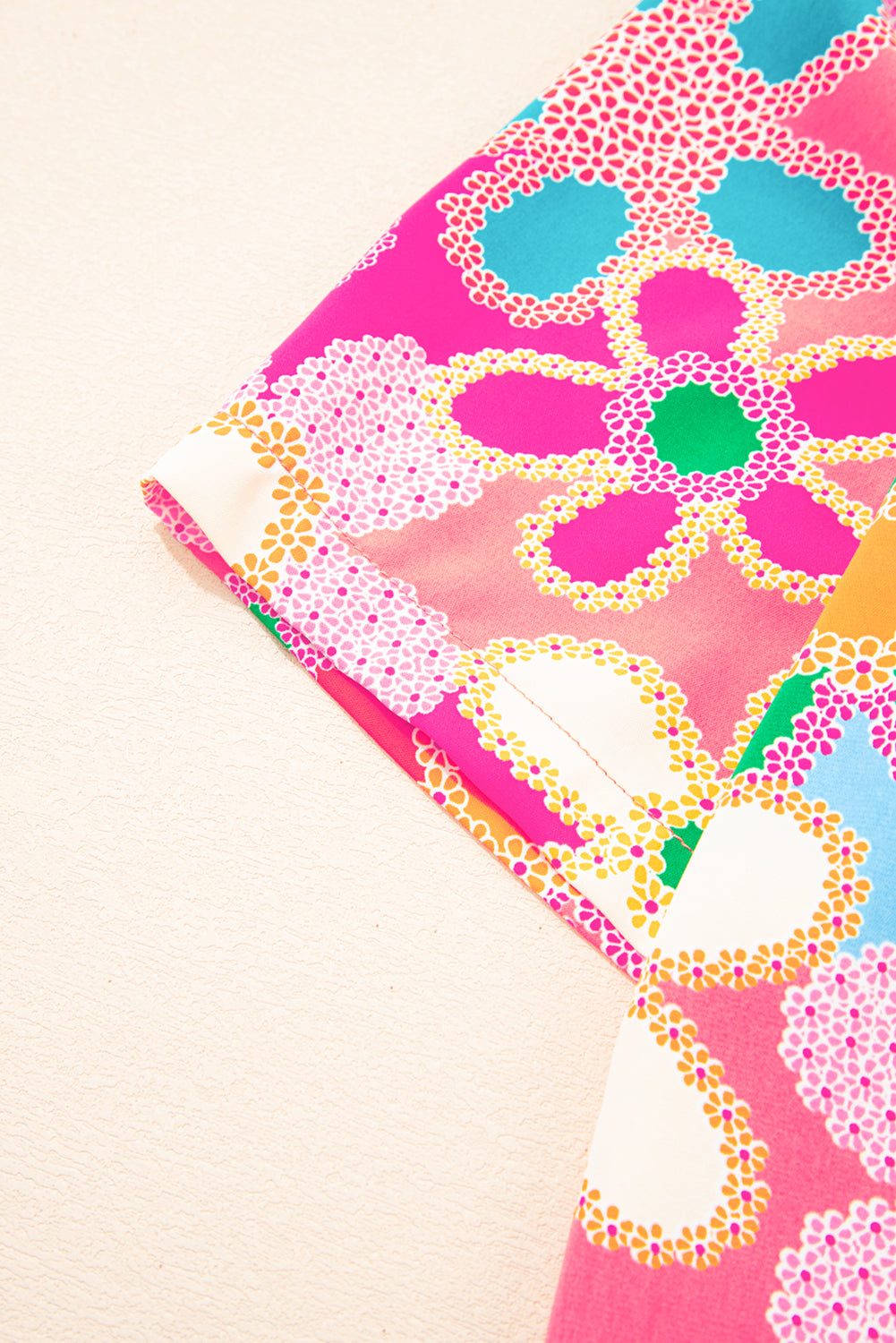 Paarse boho bloemenprint top met korte mouwen en bladerdeeg