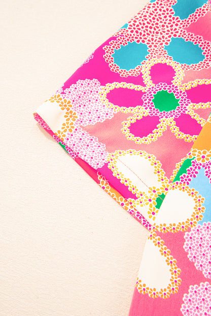 Paarse boho bloemenprint top met korte mouwen en bladerdeeg