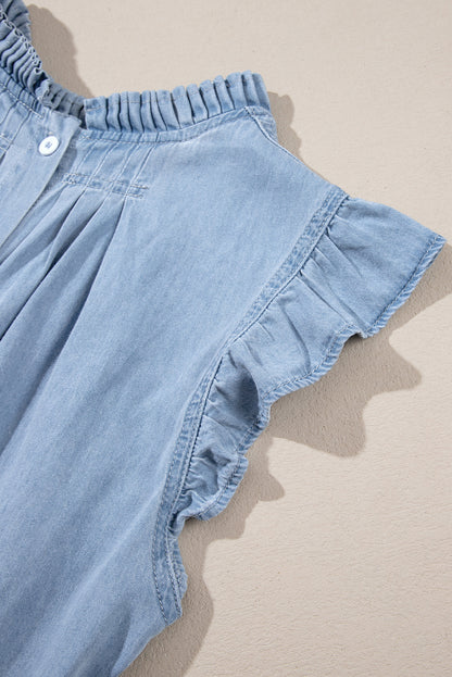Beau blauwe retro chambray top met geplooide knoopsluiting op de rug