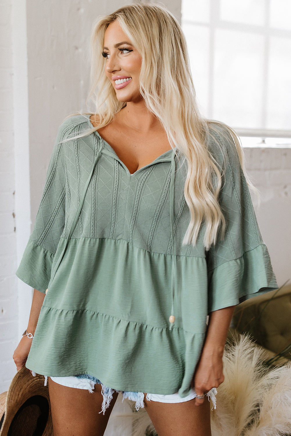 Laurel Green Tie Split Neck Textured Ruffle Patchwork Blouse