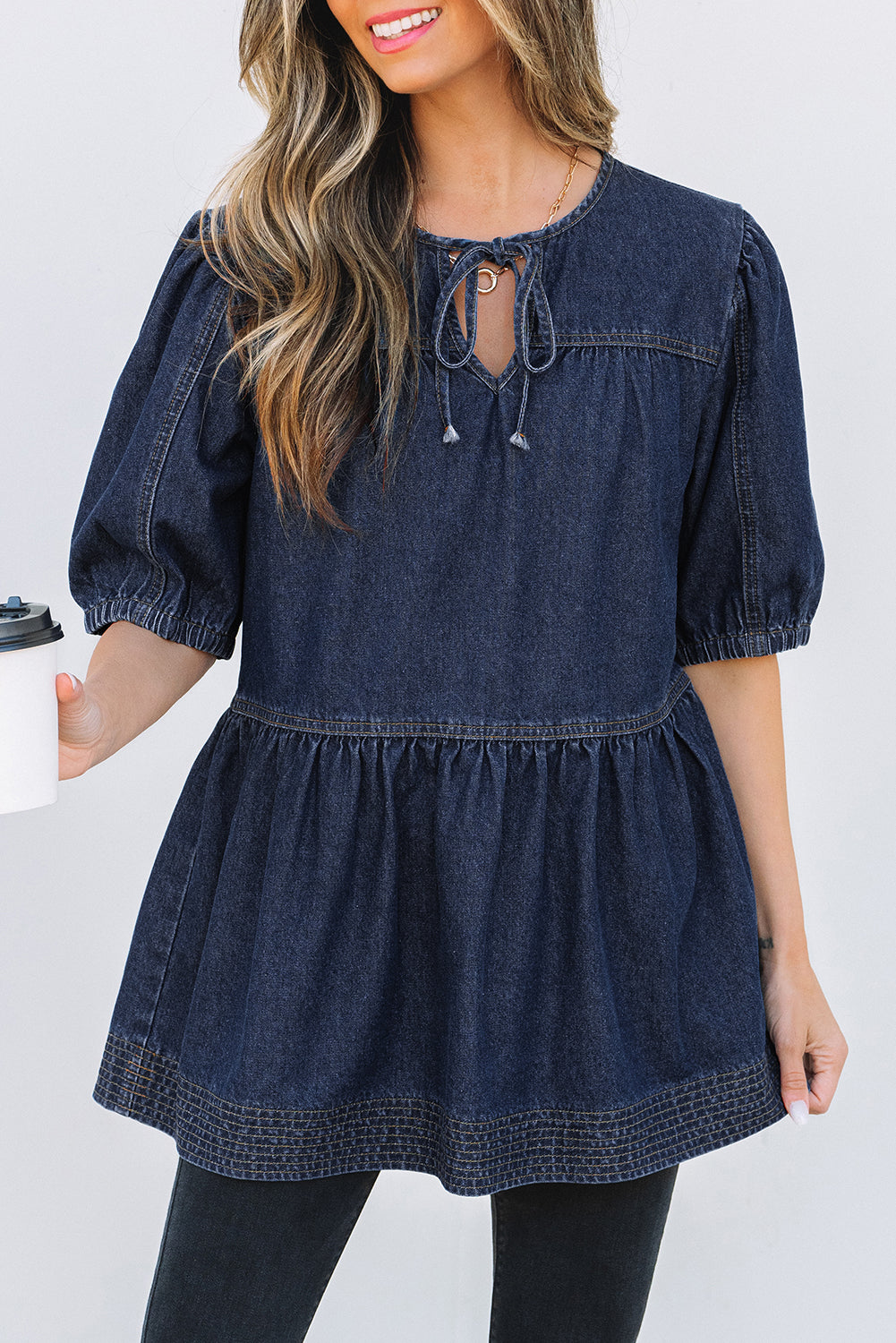 Zeil blauwe puff mouw veter halslijn splicing denim blouse