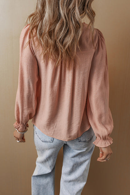 Gossamer Pink bloemen geborduurde textured founce mouw elegante blouse