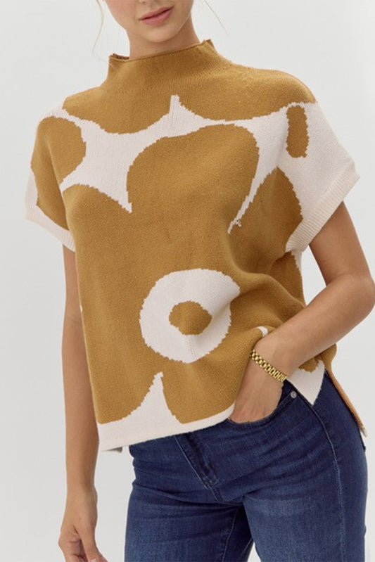 Kameel groot bloempatroon standaard nek sweater met korte mouwen
