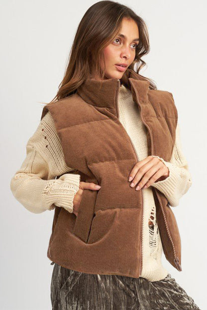 Koffie corduroy standaard nek ritssluiting puffer vest